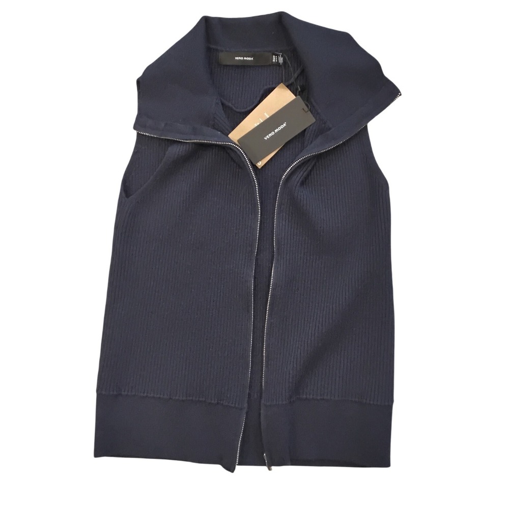 VERO MODA Navy Blazer Ribbed Knit‎ Zip Front Vest Sweater Women's M